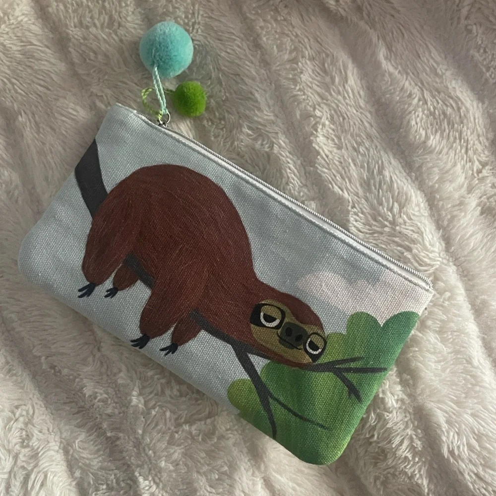 Sloth Print Pouch with Pom Poms